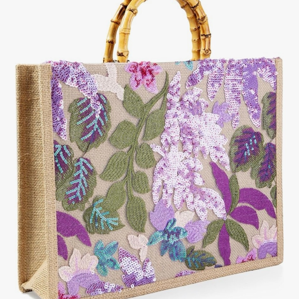 Purple and Green Floral Tote Bag with Bamboo Handles